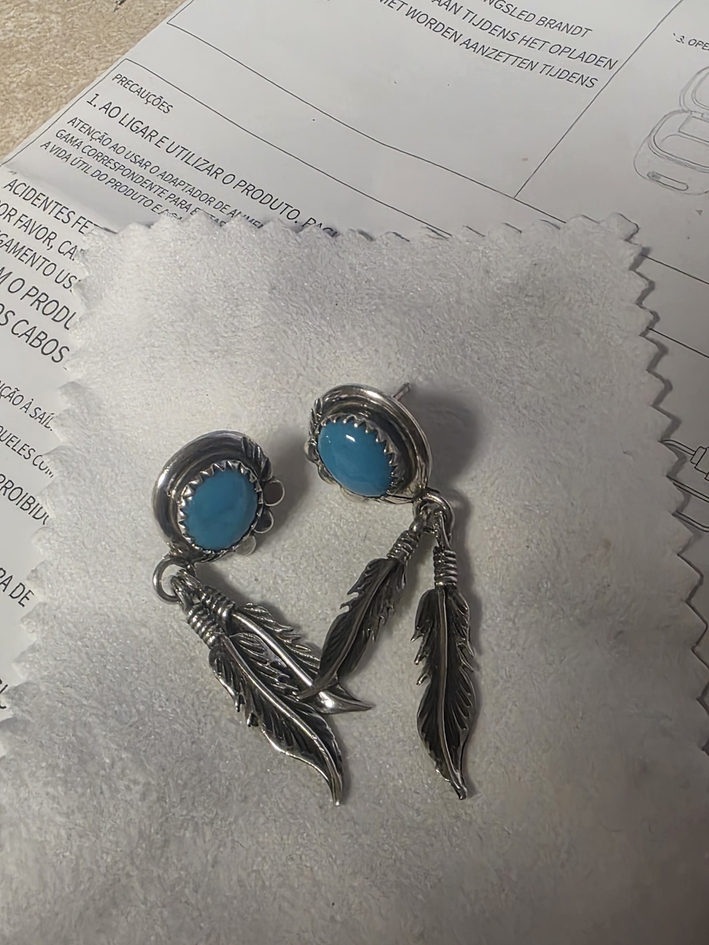 Turquoise Feather Drop Earrings - Silver